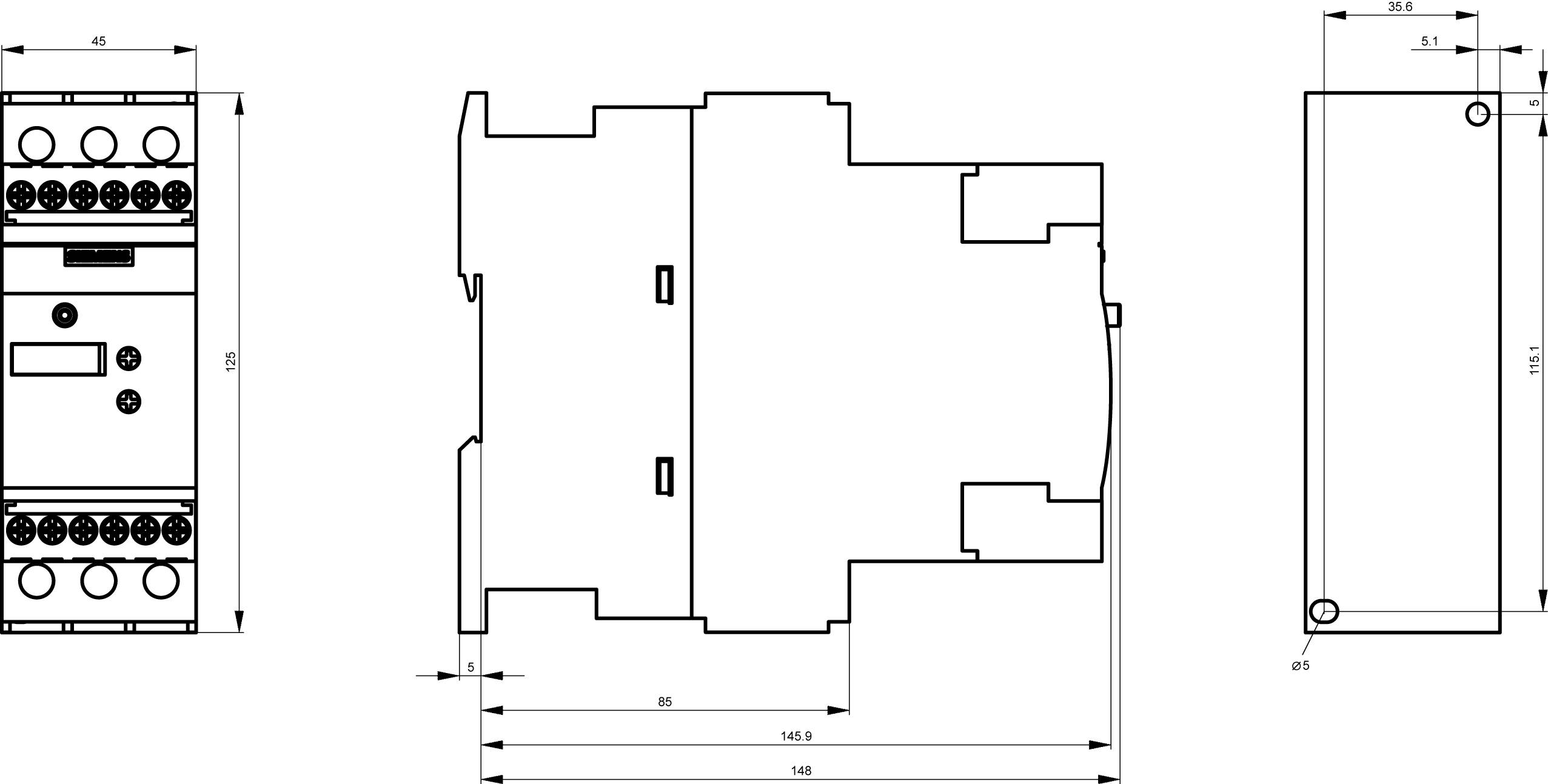 Technical drawing of an electrical device with dimensions: Front view showing connection terminals, side view with width and height, top view with depth.
