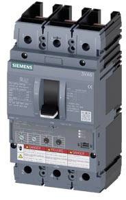 A Siemens circuit breaker viewed from above, grey, with a switch handle in the centre and several terminal connections at the top.
