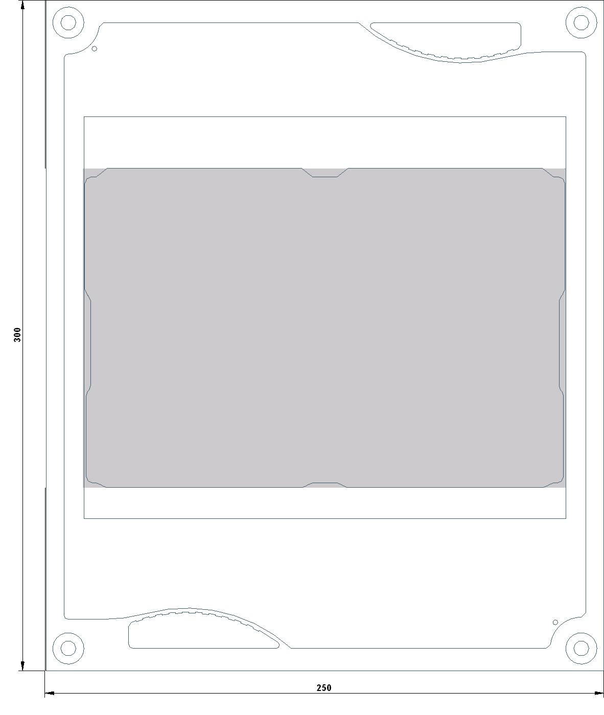 Technical drawing of a rectangular frame with dimensions 350 x 250. Contains rounded corners and curved details.