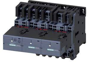 A three-pole circuit breaker in black and blue. Enables switching and protection of electrical systems in industrial applications.