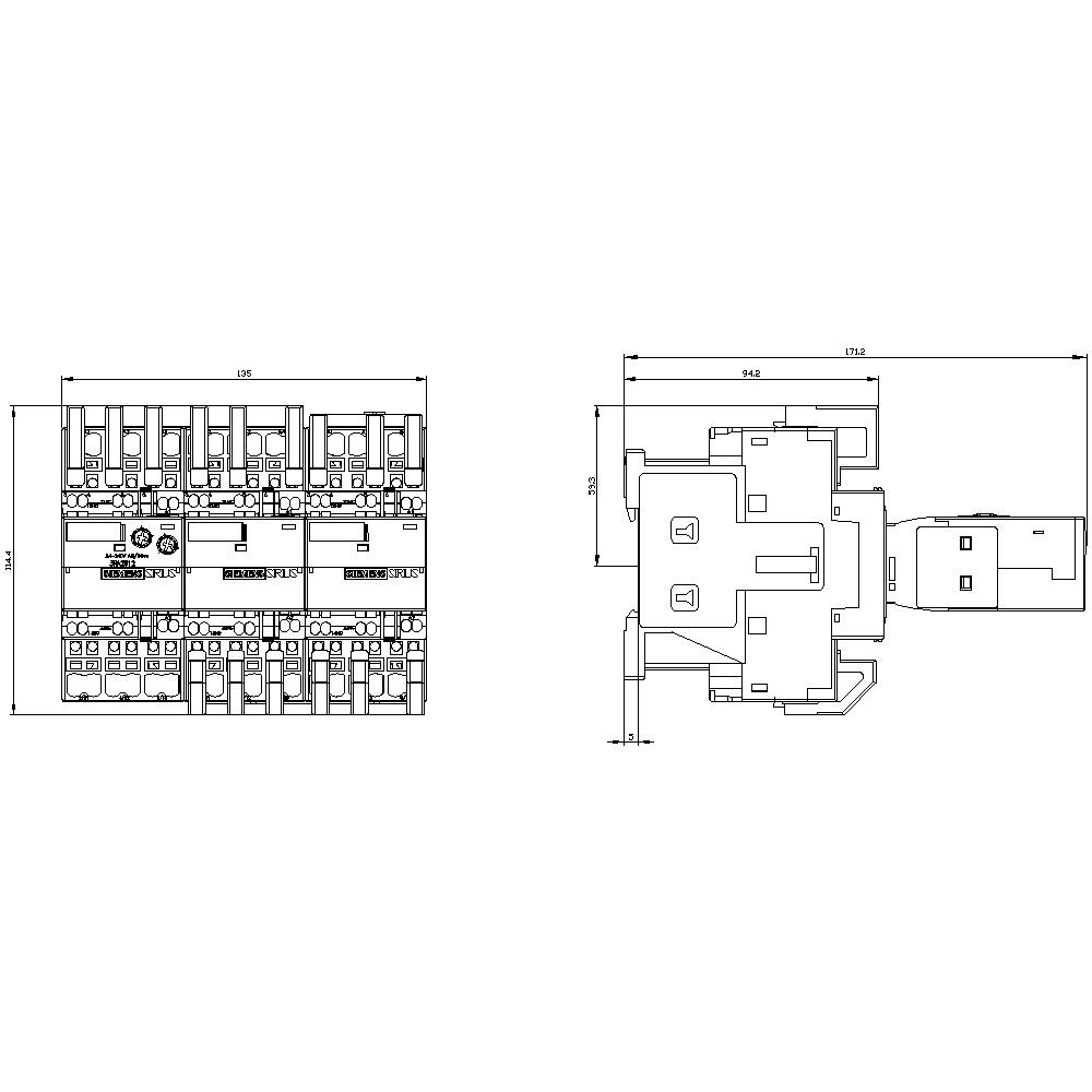 Technical drawing of an electrical switching device with dimensions in millimetres; shows front and side view.