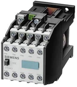 A Siemens contactor, model 3TH43, in a grey housing with multiple connection points. Electronic component for control purposes.