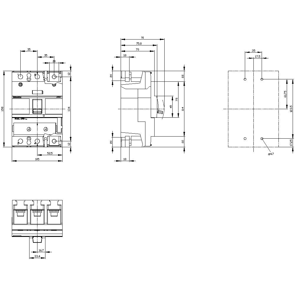 Technical drawing of an electrical switch with dimensions. Shows front, side, and top views, along with detailed measurements.