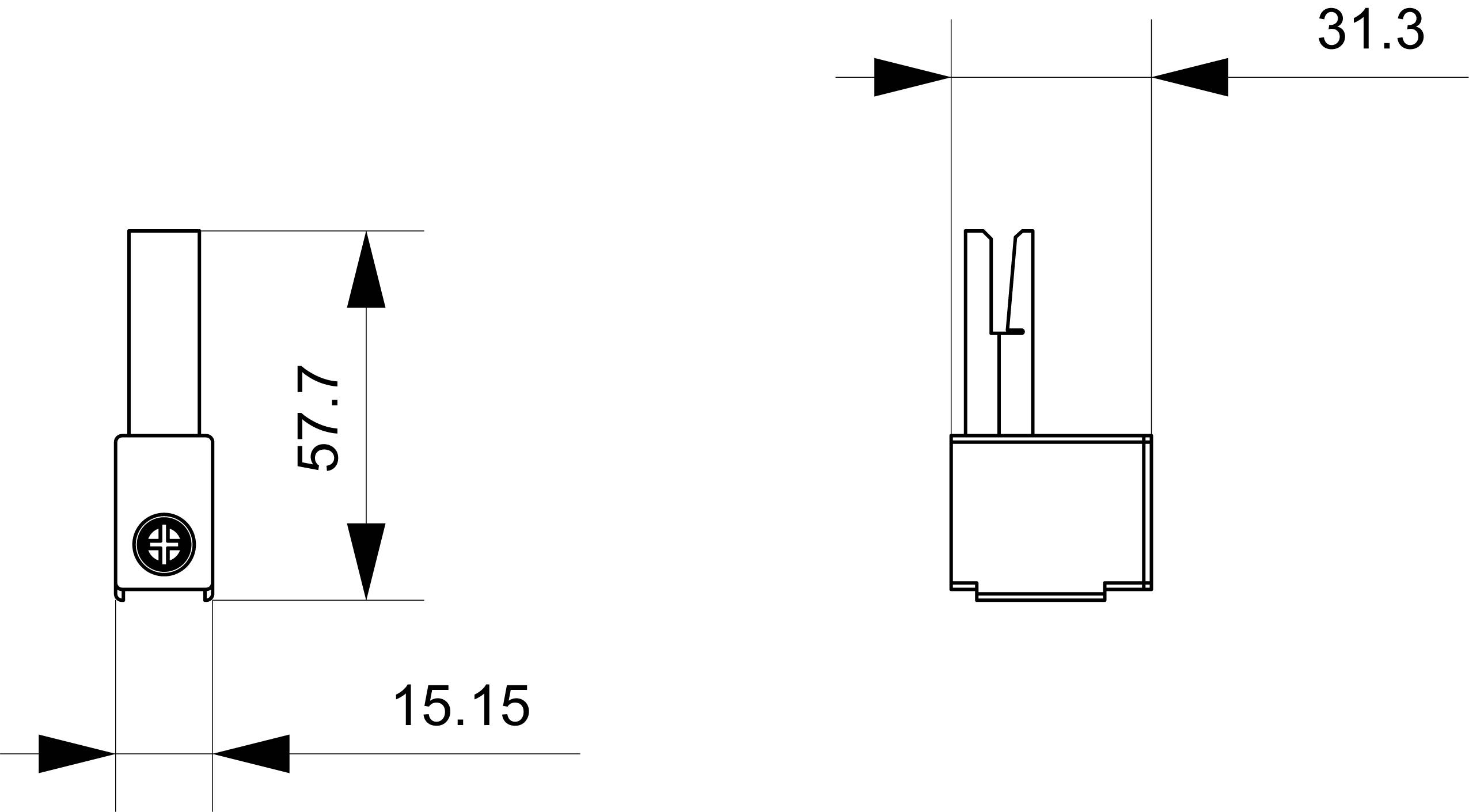 Technical drawing of a component with dimensions: Height 57.7 mm, Width 15.15 mm, Depth 31.3 mm. Contains screw hole top left.