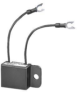 An electrical component with two cables and fork terminals. Suitable for mounting, likely used as a capacitor or filter.
