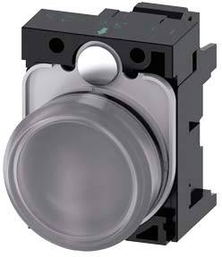 Round, grey push button in a black housing, commonly used in industry for controlling machines and equipment.