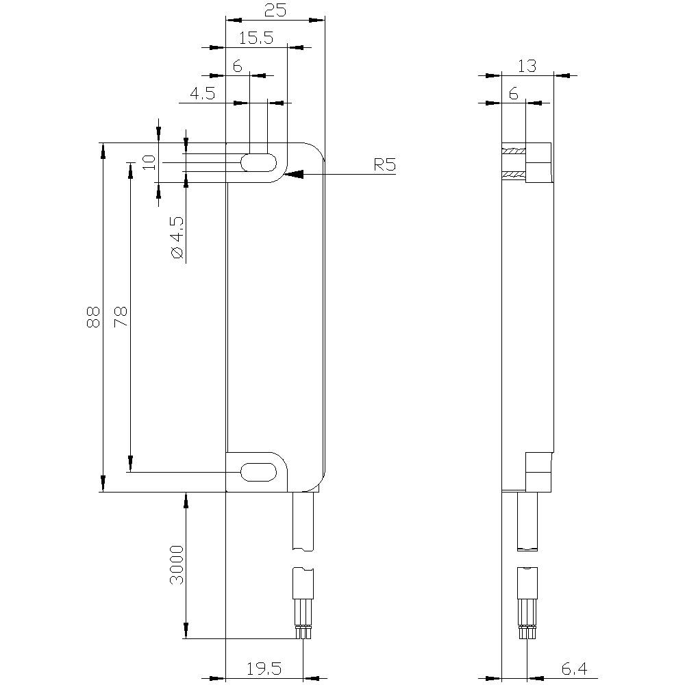 Technical drawing of a rectangular component with dimensions: 88 x 19.5 x 6.4 mm. Side and top view with detailed measurements.
