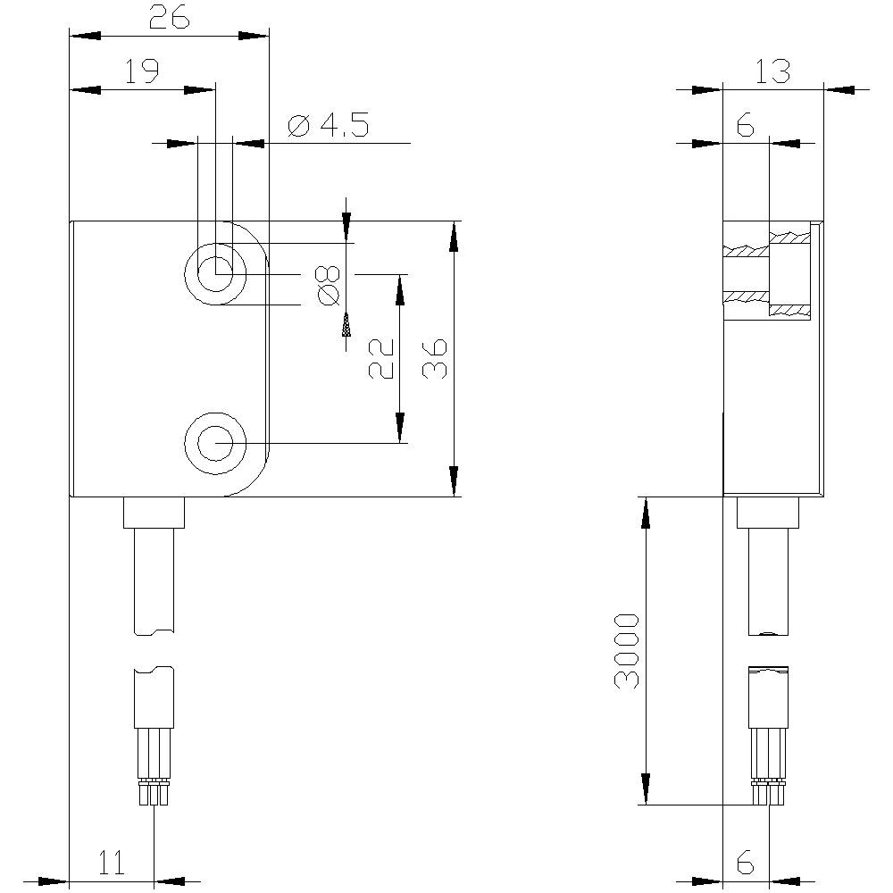 Drawing of a rectangular mechanical part with dimensions. Left: 26x36 mm with holes. Right: Side view, height 3000 mm.