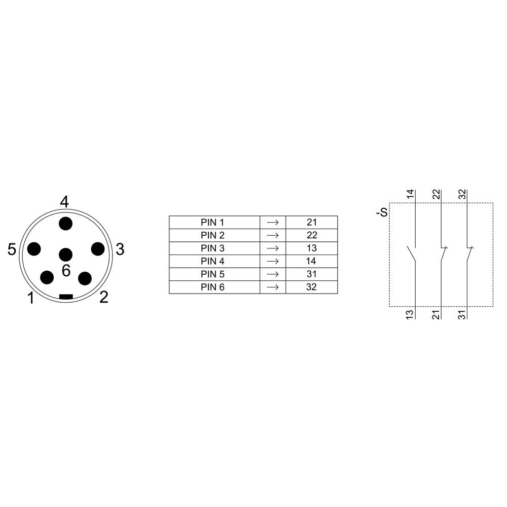 Figure shows a 6-pin plug. Table assigns PINs 1 to 6 to numbers 21, 13, 31, 22, 31, 32. Diagram on the right depicts wiring.