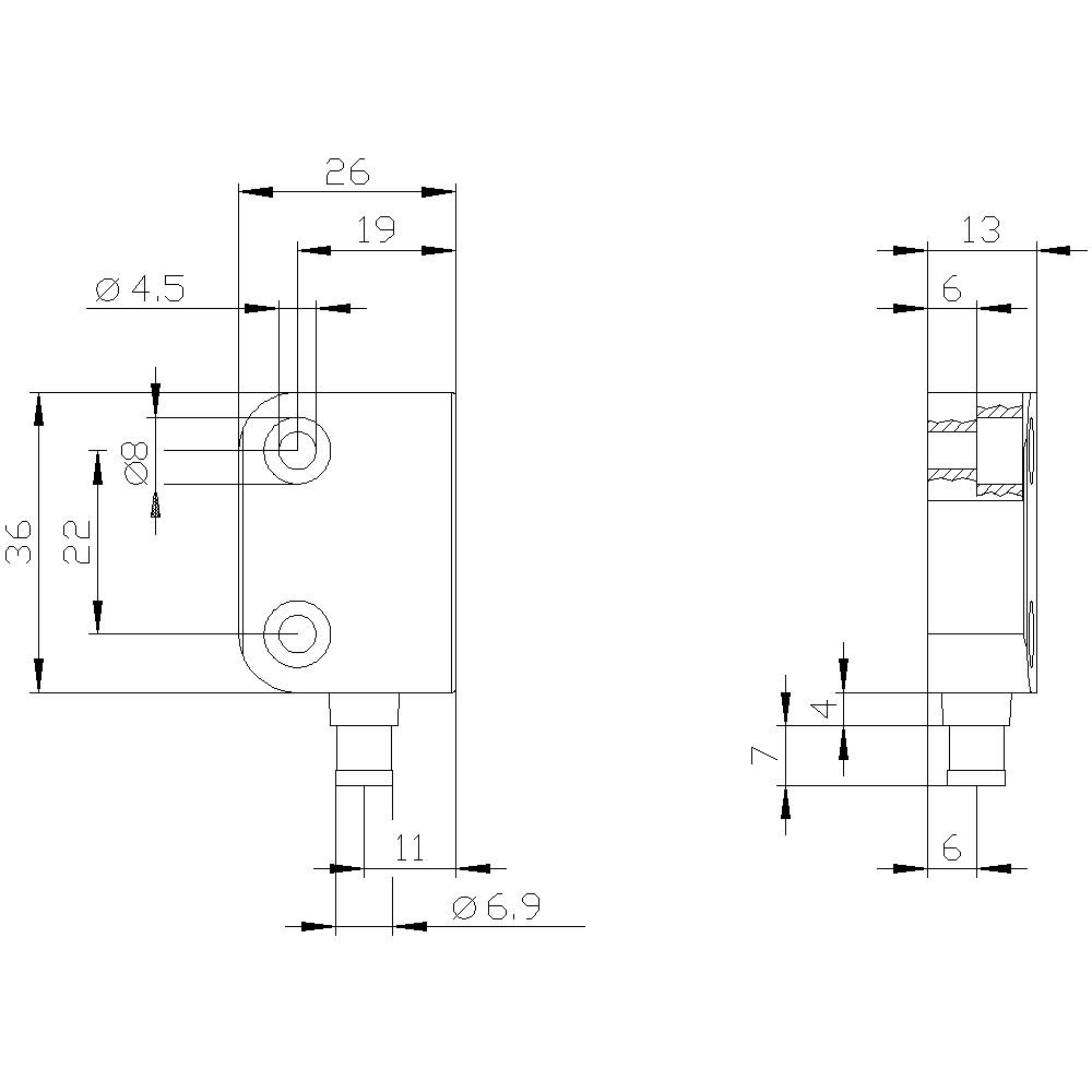 Technical drawing of a metal component with dimensional specifications in millimetres, showing front and side views with holes and dimensions.