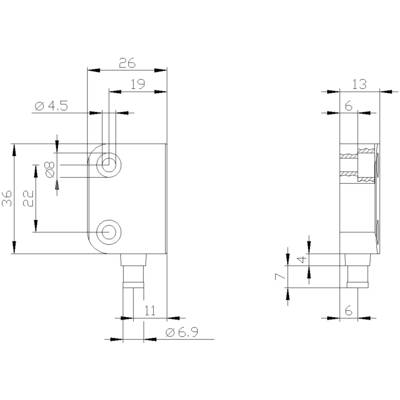 Technical drawing of a metal component with dimensional specifications in millimetres, showing front and side views with holes and dimensions.