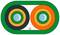 Abstract illustration with two adjacent circles in an oval frame. On the left: a dark circle, on the right: an orange circle.