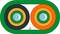 Two concentric circles, black and yellow on the left, orange and yellow on the right, surrounded by a green oval, symbolise balance.