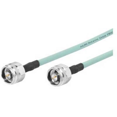 Two green coaxial cables with silver metal connectors at the ends; suitable for data transmission or antenna connection.