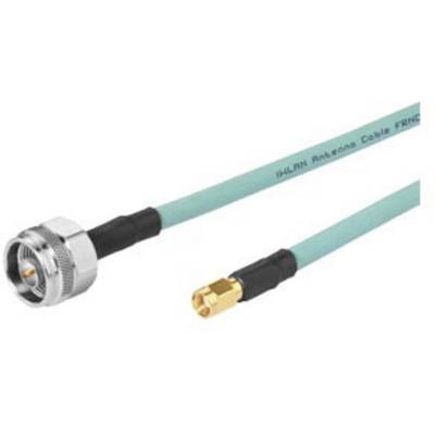 'Antenna cable with two connectors: on the left a large silver plug, on the right a small golden plug. The cable is light blue.'