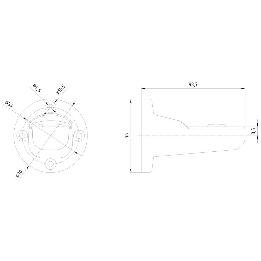 Construction drawing of a surveillance camera wall mount. Side and frontal dimensions are specified in millimetres.