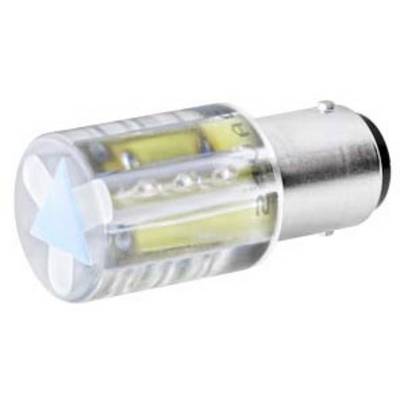 A LED light bulb with a metallic base and transparent casing that reveals the internal components.