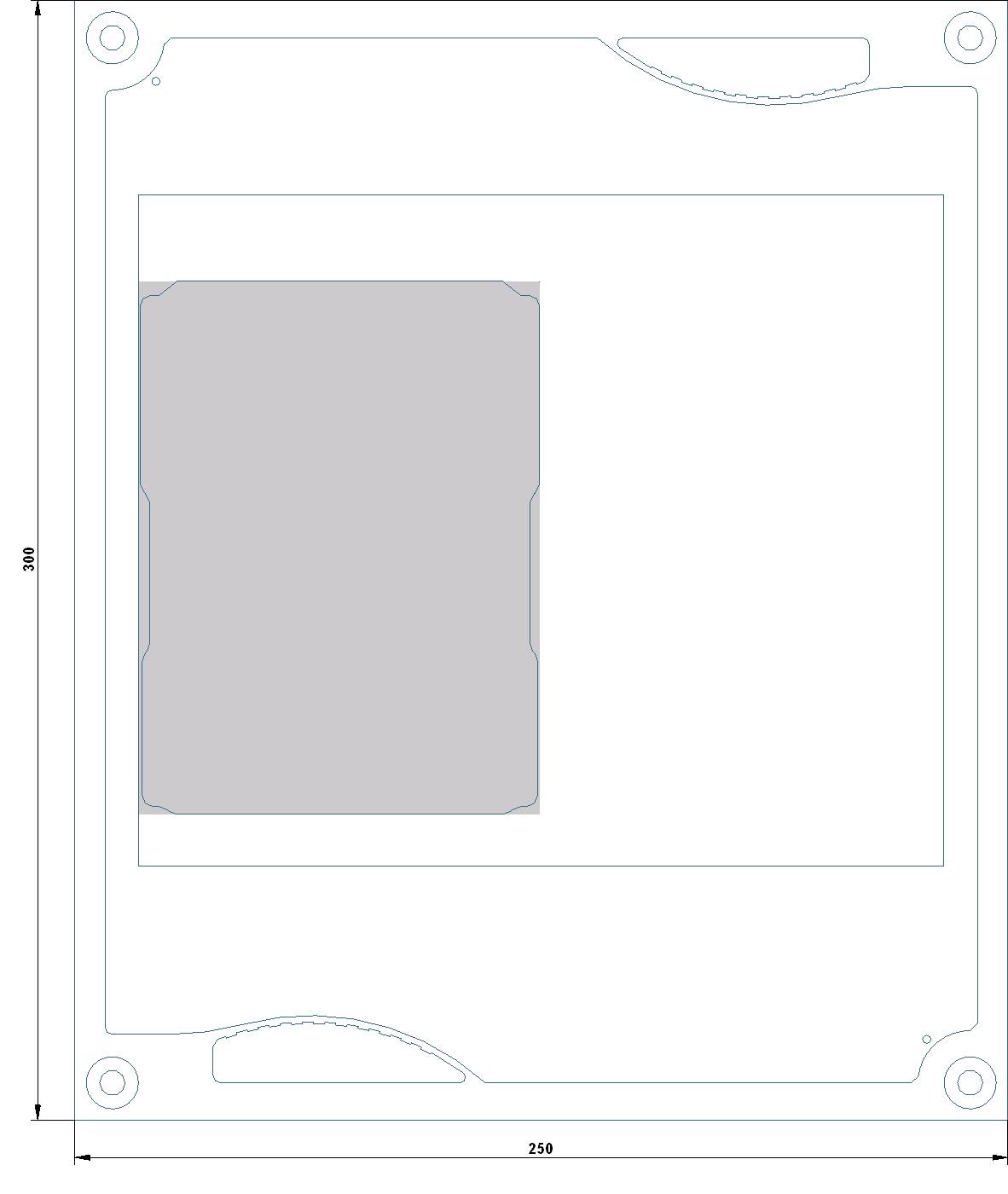 Technical drawing of a rectangular frame with a small, rectangular recess on the left side. Dimensions 350x250 mm.