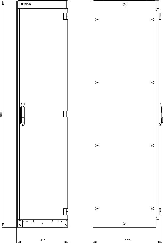 Cupboard sketch with front and side view, showing dimensions: Height 1921 mm, Width 418 mm at front, 563 mm at side, with door handle and hinges.