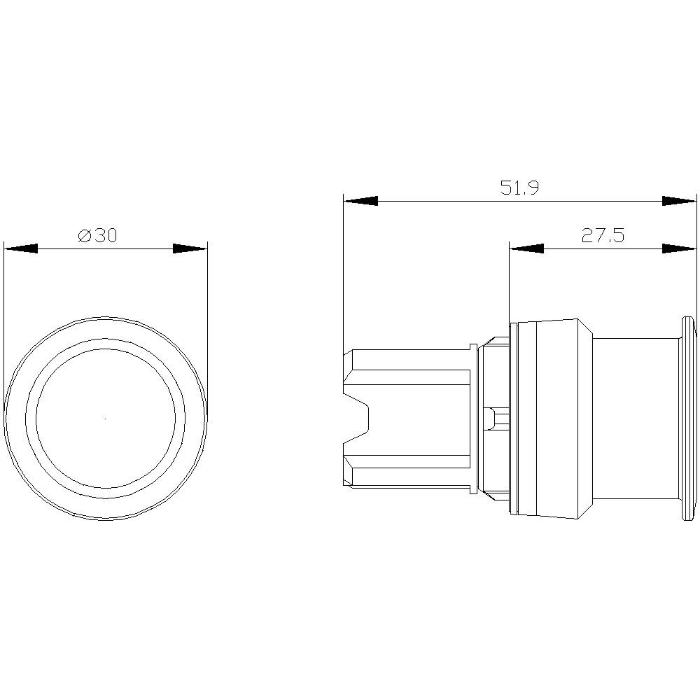Technical drawing of a cylindrical part with dimensions: diameter 30 mm, length 51.9 mm, section 27.5 mm. Side and top view.