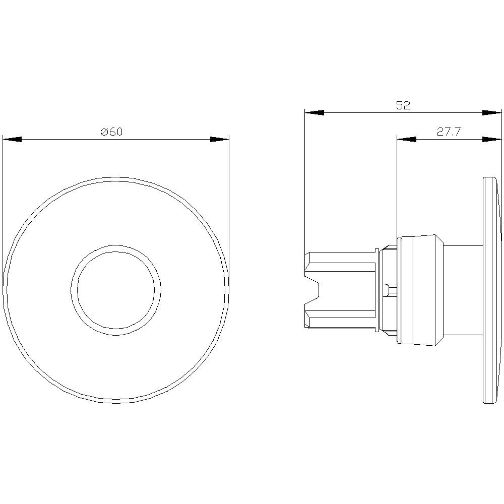 Drawing of a cylindrical component with dimensions: diameter 60 mm, length 52 mm. Side view and top view shown.