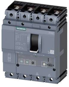 A grey Siemens performance circuit breaker, Model 3VA2, with a black switch lever in the centre and technical details printed on it.