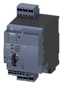 A Siemens SIRIUS motor starter, blue-grey, with toggle switch and LED indicators. Used in electrical control applications.