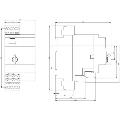 Technical drawing of an electrical device with front and side view. Dimensions and components shown in detail.