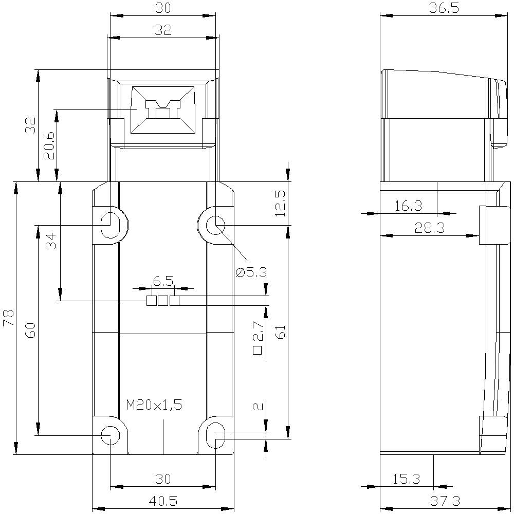 Technical drawing of a mechanical component with dimensions in millimetres. Front view on the left shows connections and screw holes. View on the right clarifies height and width specifications.