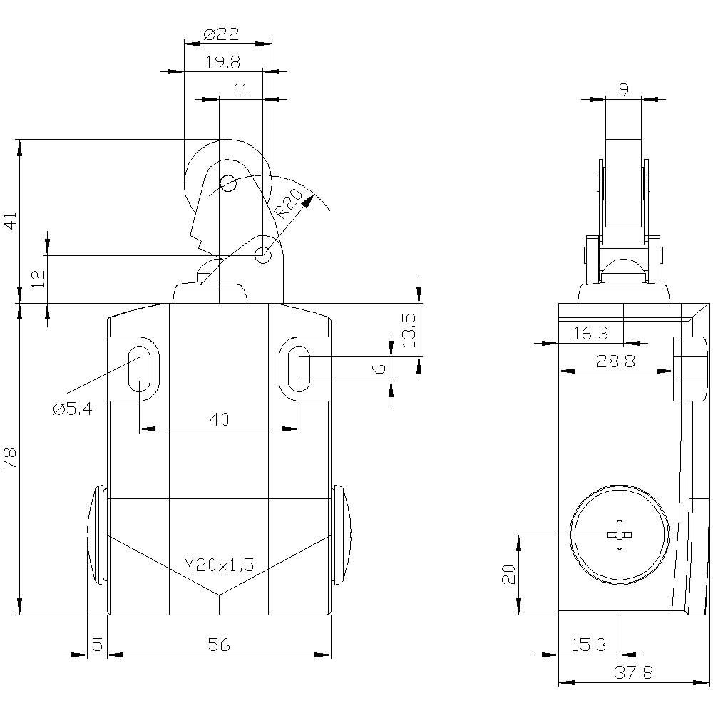 Technical drawing of a component with dimensions and specifications; includes front and side views with detailed measurements.
