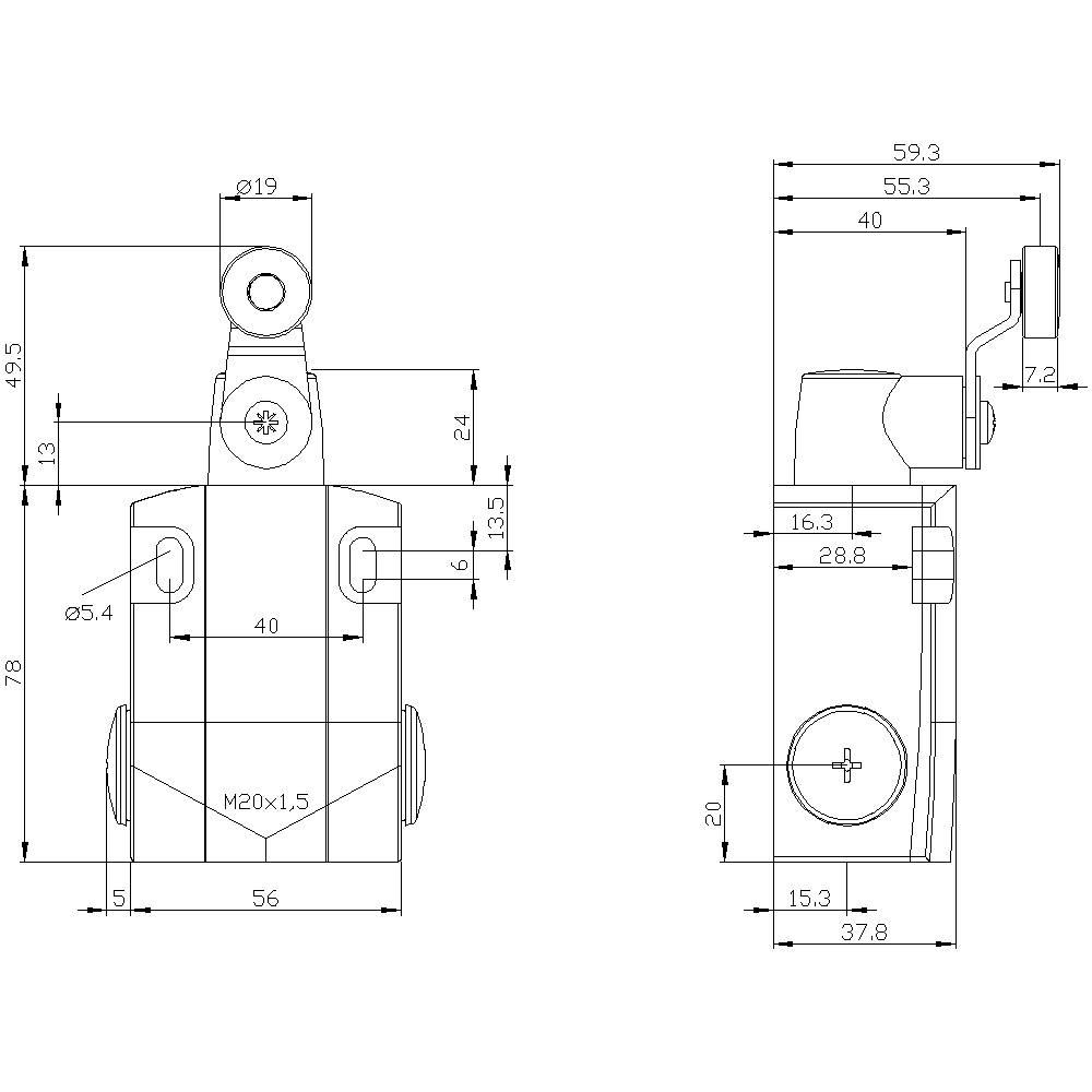 Technical drawing of a rectangular part with dimensions in millimetres. Front view shows mounting points, side view details such as openings and threads.