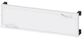 White rectangular plastic panel with rounded corners set within a metal frame, potentially part of a construction or furniture assembly.