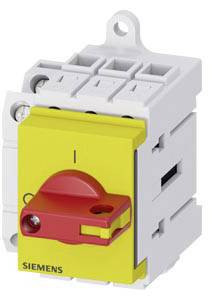 Industrial switch: Yellow plastic housing, red rotary handle for control. Mountable in electrical installations.