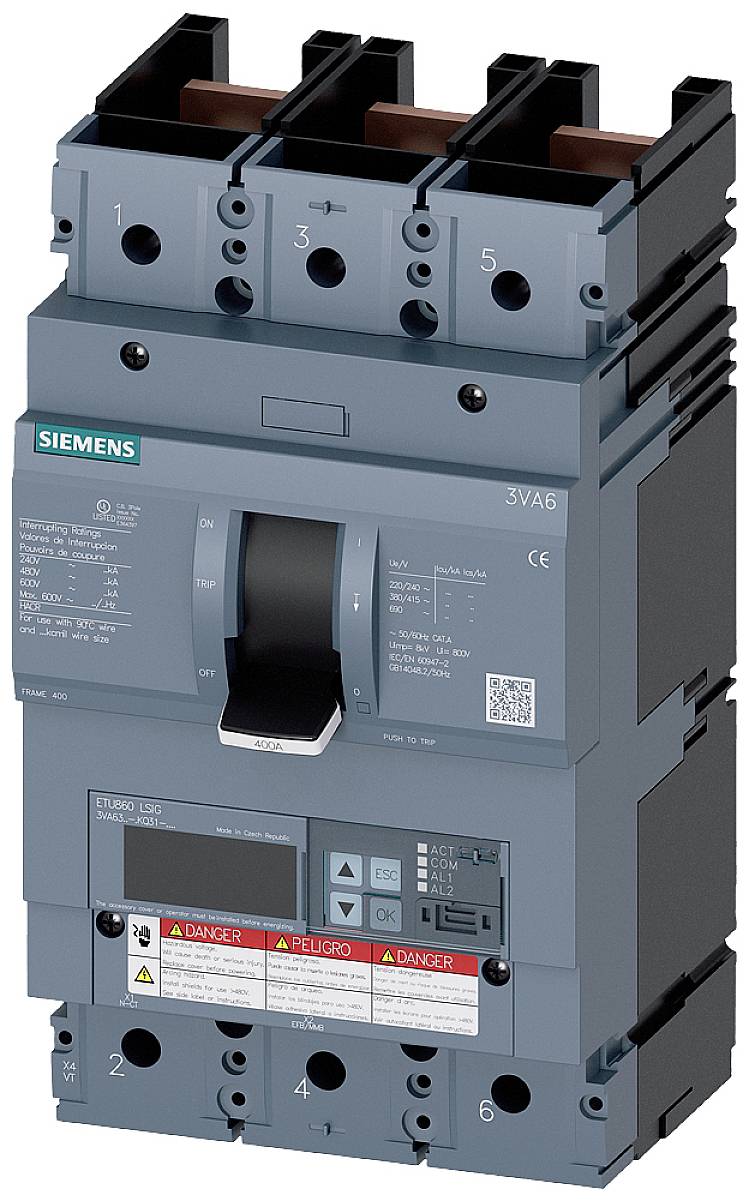 A grey circuit breaker with two rows of terminals at the top, brand label on the left. Warning notices and technical specifications are visible at the bottom.