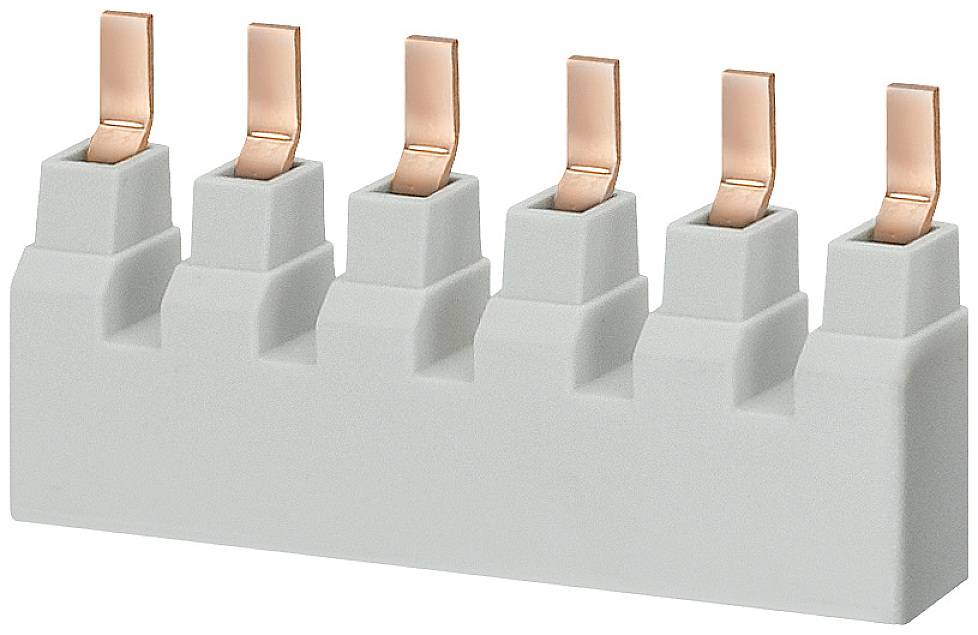A grey phase bus distributor with five copper contact tags, used for electrical connections in control cabinets.