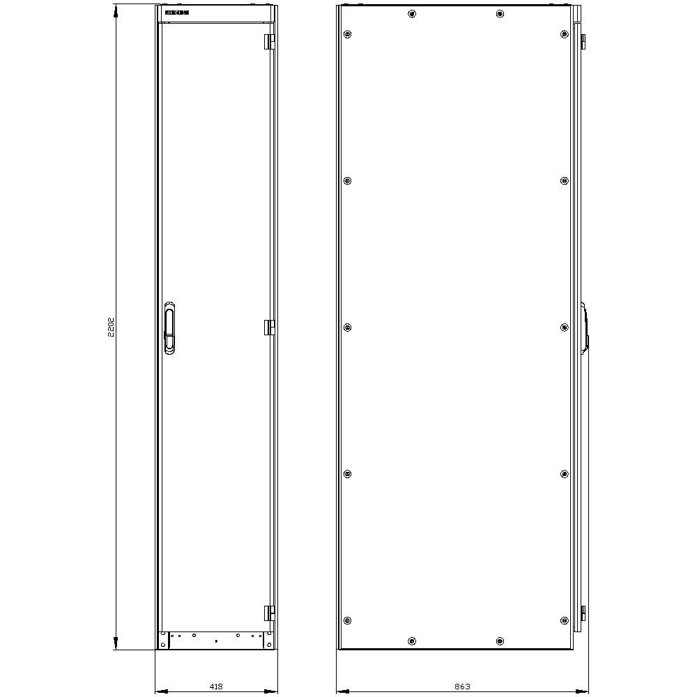 Diagram of a vertical cupboard with two views: Front view showing door handle and dimensions, side view showing depth. Dimensions are indicated.