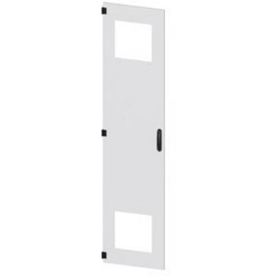 A white door with two glass windows, a black handle, and black hinges on the left side.