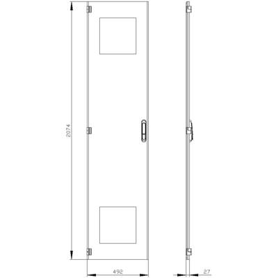 'Door design in sketched views. Front view shows two square windows, side view emphasises hinges and handle. Dimensions: 2074 mm high, 492 mm wide.'
