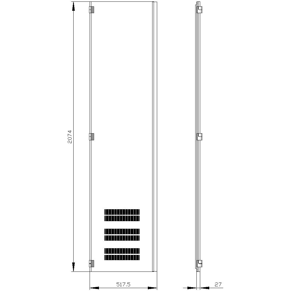 Technical drawing of a rectangular cabinet with dimensions: height 2,074 mm, width 517.5 mm, depth 27 mm. Hinges and ventilation slots visible at the bottom.