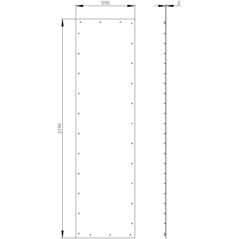 Drawing of a rectangular metal sheet with dimensions 590 mm x 2190 mm and a thickness of 2 mm, with marked drill holes.