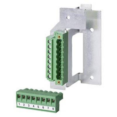 Green connection component with eight numbered slots, mounted on a metal bracket. One plug element is shown separately.