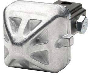 A silver, square metal fitting with a side screw; commonly used in construction or furniture projects for securing components.
