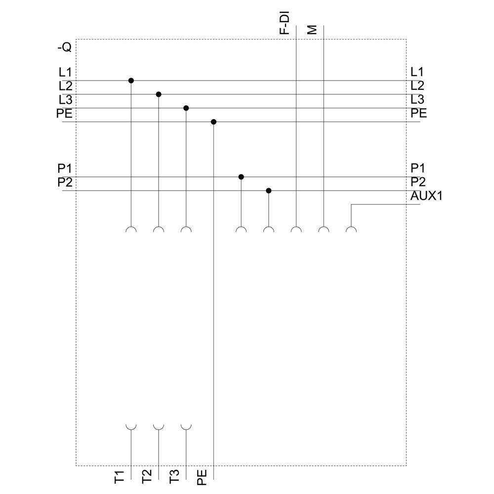 Circuit diagram for electrical control: Connections between points L1, L2, L3, PE and T1, T2, T3, including P1, P2, AUX1.