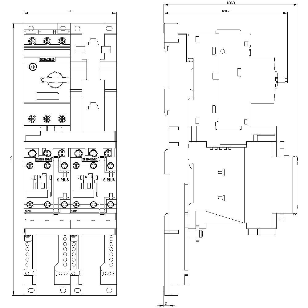Technical drawing of an electrical switching device with two views: front view shows switch details; side view shows housing and mounting structure.