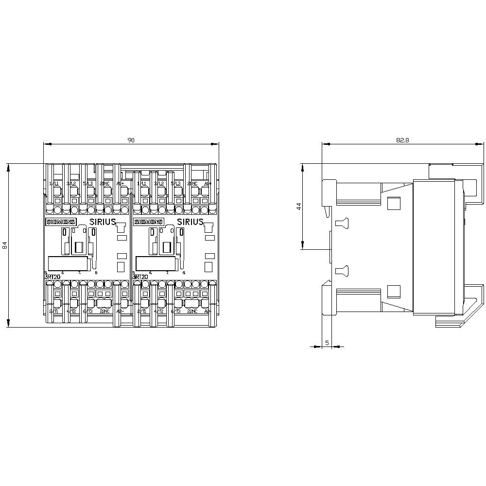 Drawing of an electrical switchgear with dimensions. Shows front view with two modules and side view of the module.