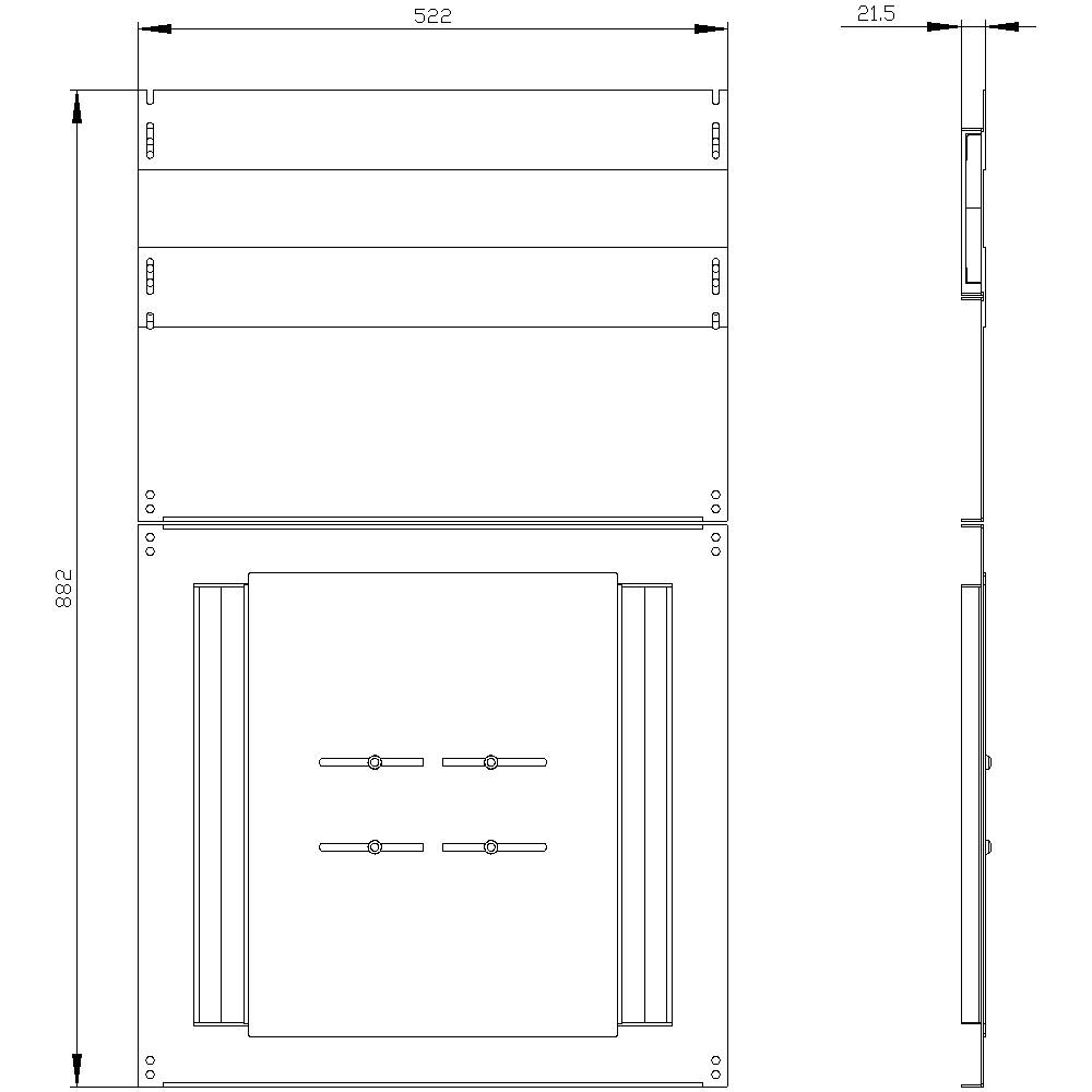 Technical drawing of a rectangular metal enclosure with detailed dimensions: width 522 mm, height 882 mm, depth 21.5 mm.