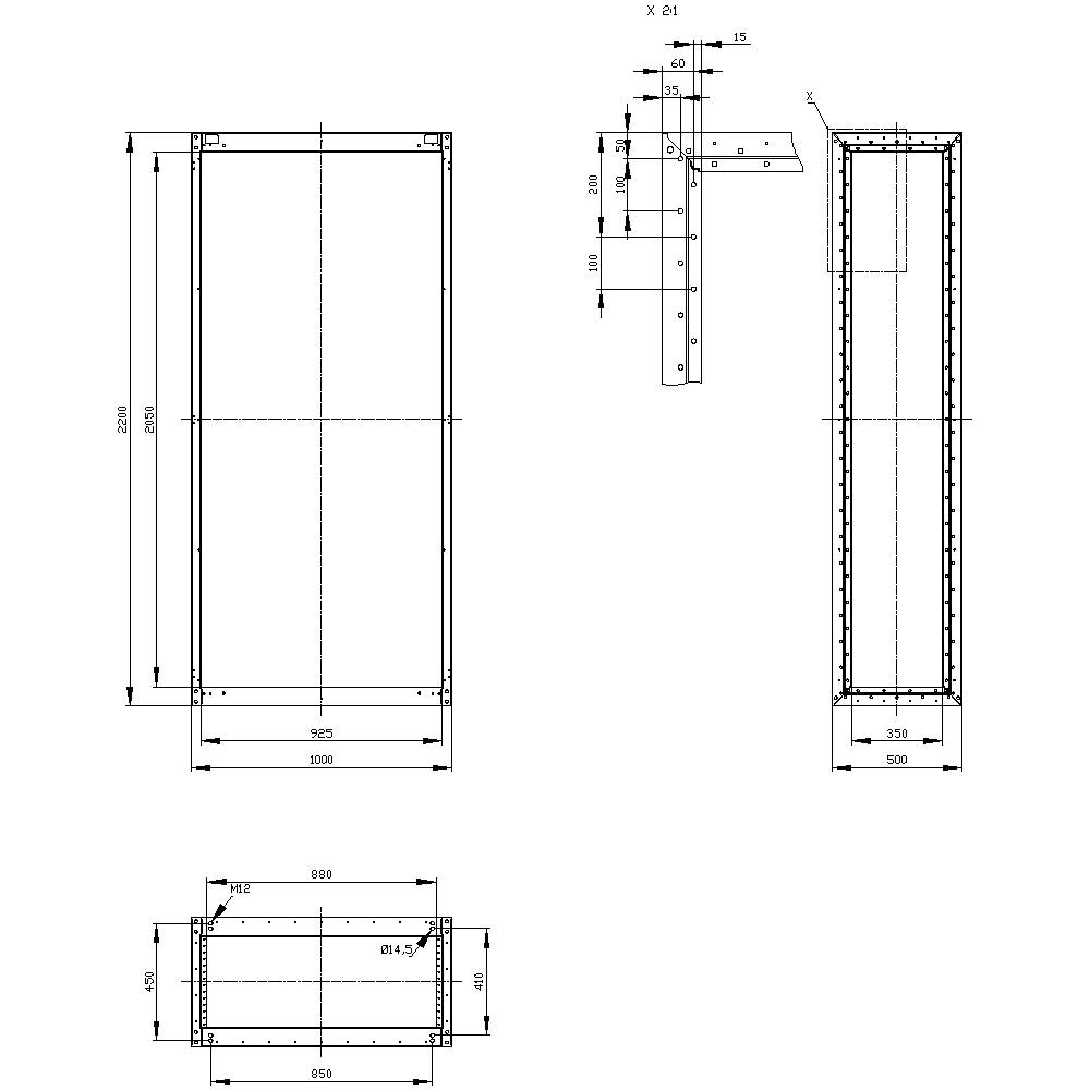 Technical drawing of a rectangular metal frame with dimensional specifications in millimetres; shows front, side, and top views.
