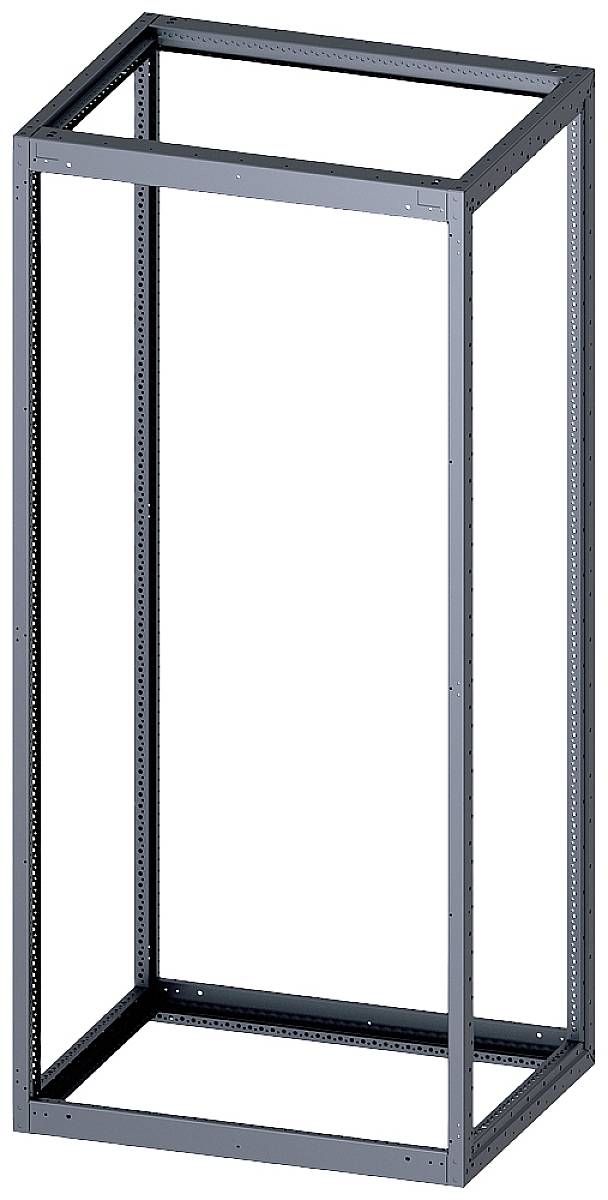 'An empty, rectangular metal frame for IT server racks. No contents or technology visible.'