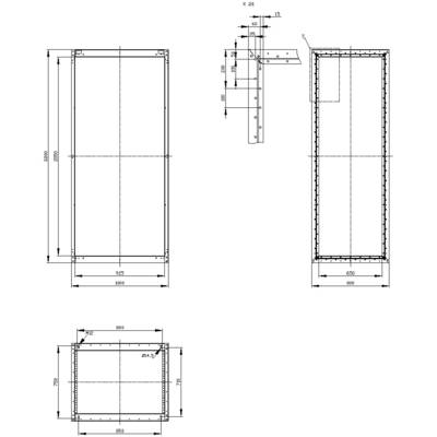 Technical drawing of a rectangular frame with dimensions. The drawing shows front, side, and top views with detailed measurements.