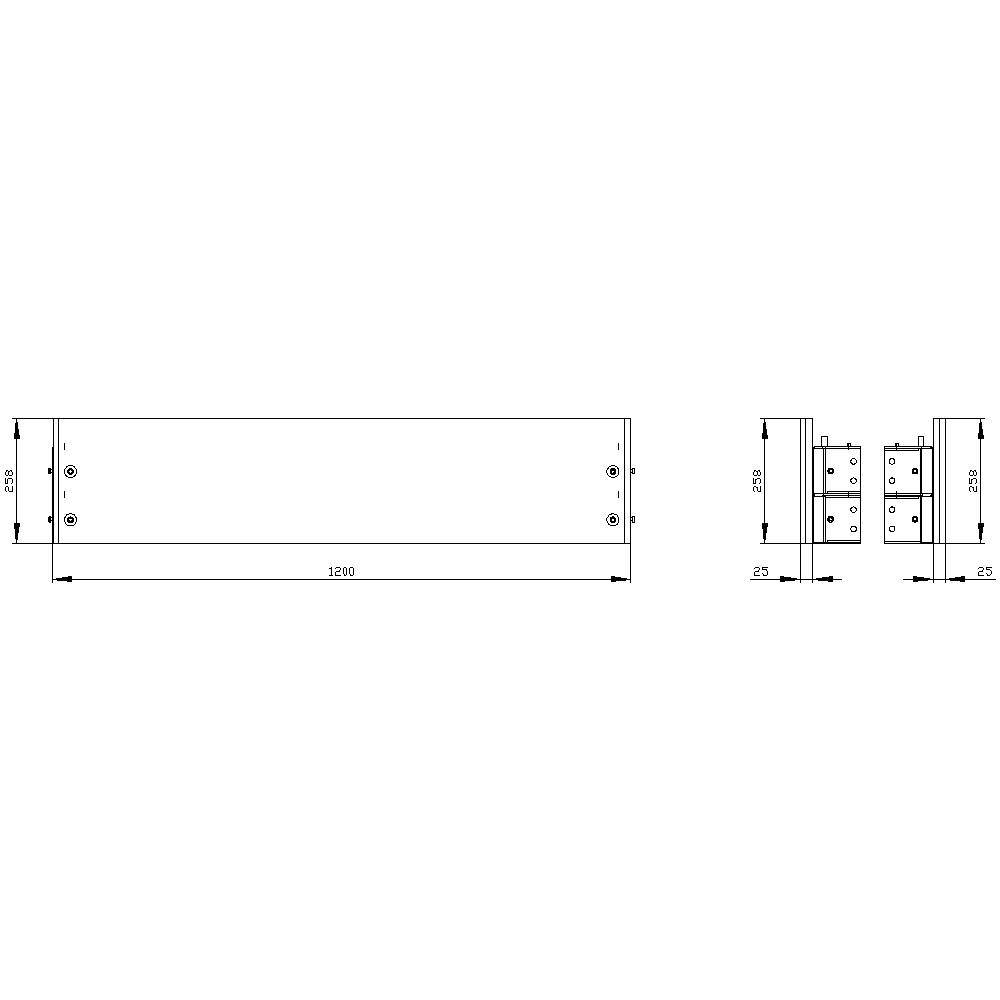 Technical Drawing of a Rectangular Metal Part with Dimensions: 1200 mm Length, 250 mm Height. Side Views and Drill Holes Shown.